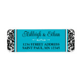 ターコイズ、白黒ダマスク結婚式の住所 ラベル (正面)