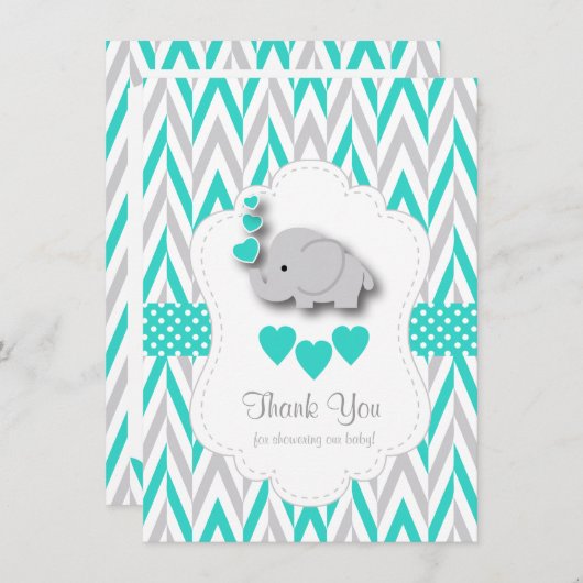 ターコイズ,白,灰色の象ありがとう サンキューカード (正面/裏面)