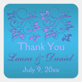 ターコイズ、紫フローラ1.5インチsq。結婚ステッカー スクエアシール