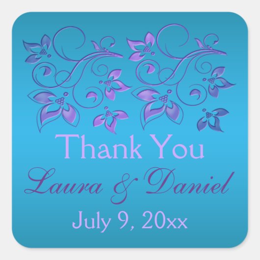 ターコイズ、紫フローラ1.5インチsq。結婚ステッカー スクエアシール (正面)