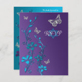 ターコイズ、紫フローラ、蝶RSVPカード 招待状 (正面/裏面)