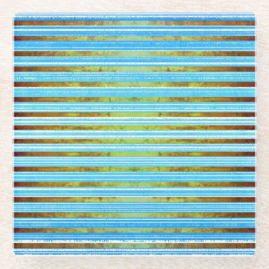 ターコイズ、緑、白の各ストライプパターン ガラスコースター (正面)