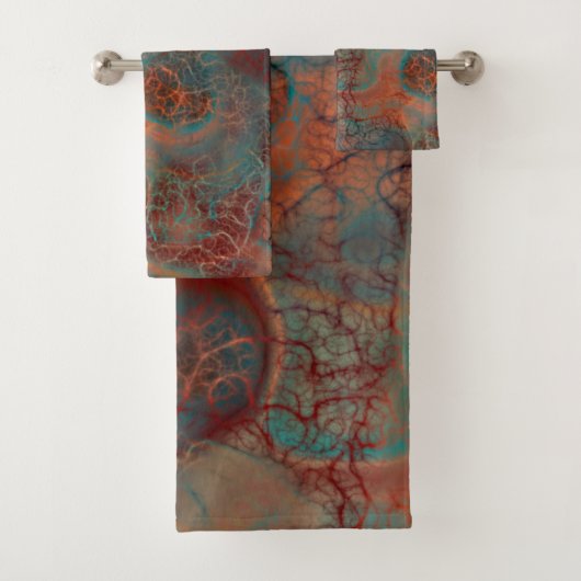 ターコイズ、赤と錆の大理石抽象芸術 バスタオルセット (インサイチュ)