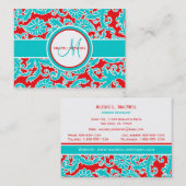 ターコイズ、赤、および白いダマスク織の名刺 名刺 (正面/裏面)