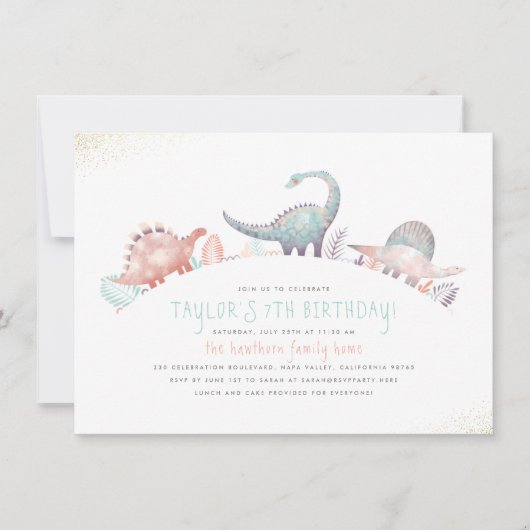ターコイズ&金ゴールドかわいい女の子の恐竜の誕生日パーティー 招待状 (正面)