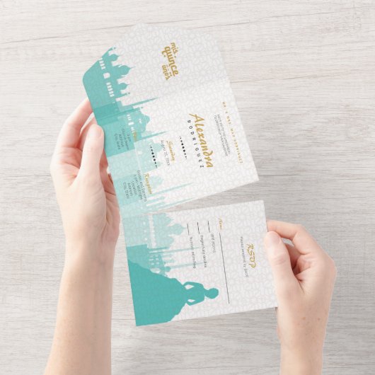 ターコイズ&金ゴールドアラビアンキンセアニラ写真 オールインワン招待状 (貼ってはがせる)