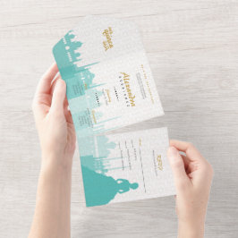 ターコイズ&金ゴールドアラビアンキンセアニラ写真 オールインワン招待状