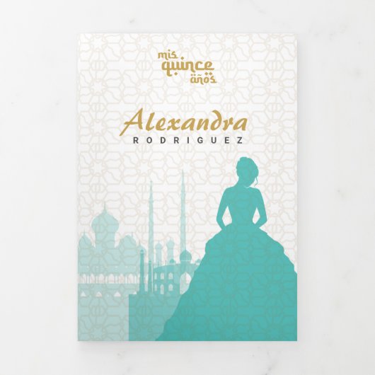 ターコイズ&金ゴールドアラビアンキンセアニラ写真 三つ折り招待状 (カバー)