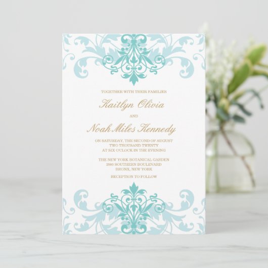 ターコイズ&金ゴールドエレガントアイアンクラシックワークス結婚の 招待状 (スタンド正面)