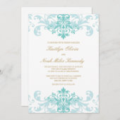 ターコイズ&金ゴールドエレガントアイアンクラシックワークス結婚の 招待状 (正面/裏面)