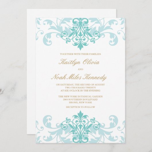 ターコイズ&金ゴールドエレガントアイアンクラシックワークス結婚の 招待状 (正面/裏面)