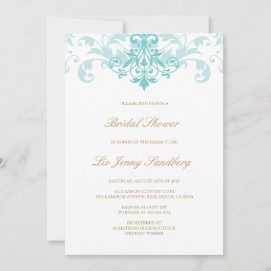 ターコイズ&金ゴールドエレガント製鉄所ブライダルシャワー 招待状 (正面)