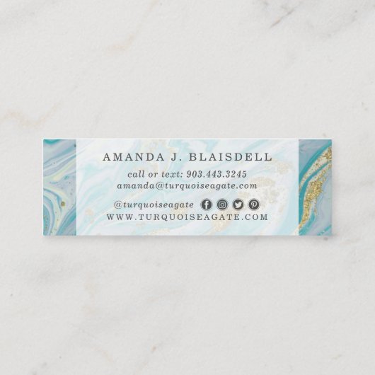 ターコイズ&金ゴールドジオードマーブルスワールソーシャルメディア スキニー名刺 (裏面)
