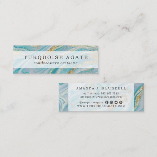 ターコイズ&金ゴールドジオードマーブルスワールソーシャルメディア スキニー名刺 (正面/裏面)