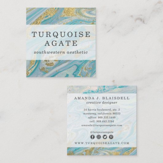 ターコイズ&金ゴールドジオードマーブルスワールソーシャルメディア スクエア名刺 (正面/裏面)