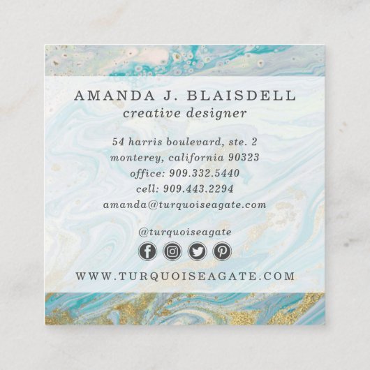 ターコイズ&金ゴールドジオードマーブルスワールソーシャルメディア スクエア名刺 (裏面)