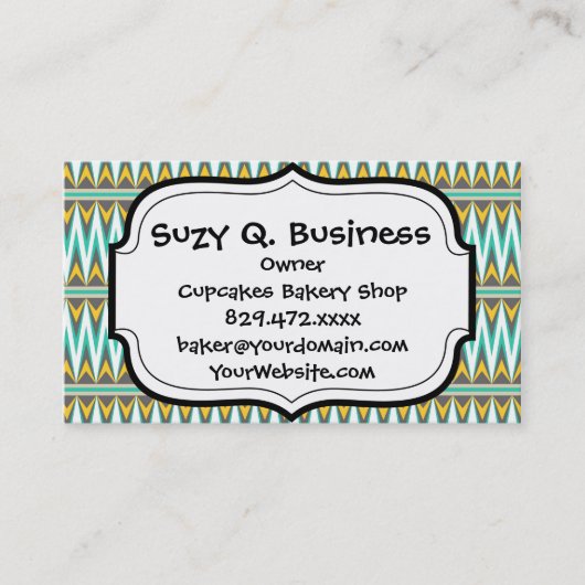ターコイズ&金ゴールドトリバルアローヘッドジグザグデザイン 名刺 (正面)