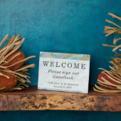 ターコイズ&金ゴールドマーブルウェルカム結婚ズゲストブック フォトプラーク (側面)