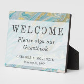 ターコイズ&金ゴールドマーブルウェルカム結婚ズゲストブック フォトプラーク (側面)