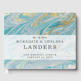 ターコイズ&金ゴールドマーブルスワールアゲートゲ結婚ード ゲストブック