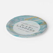 ターコイズ&金ゴールドマーブルスワールアゲートゲ結婚ード ペーパープレート (アングル)