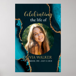 ターコイズ&金ゴールド写真葬儀記念サイン ポスター