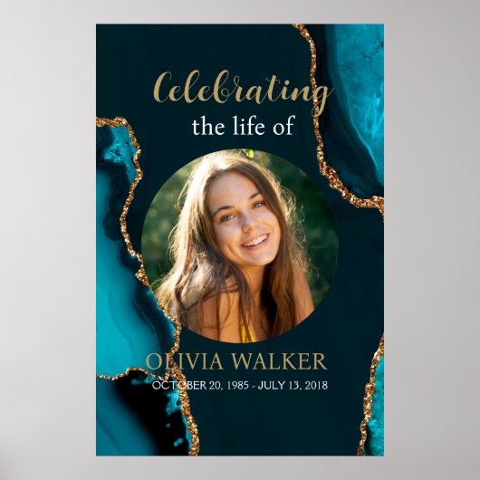ターコイズ&金ゴールド写真葬儀記念サイン ポスター (正面)