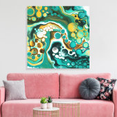 ターコイズ、金ゴールド、大理石の流体アート キャンバスプリント (インサイチュ (リビング))