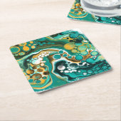 ターコイズ、金ゴールド、大理石の流体アート スクエアペーパーコースター (アングル)