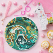 ターコイズ、金ゴールド、大理石の流体アート ペーパープレート (パーティー)