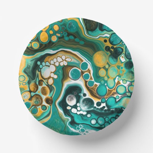 ターコイズ、金ゴールド、大理石の流体アート ペーパーボウル (正面)
