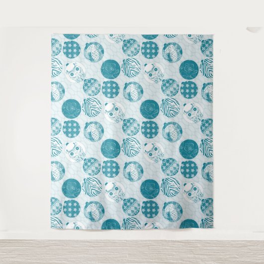 ターコイズ，青，クリスマスパターン タペストリー (正面)