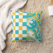 ターコイズ、黄色、白のチェックと渦巻き クッション (ブランケット)