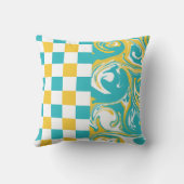 ターコイズ、黄色、白のチェックと渦巻き クッション (裏面)
