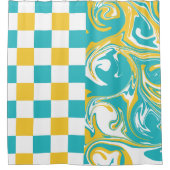 ターコイズ、黄色、白のチェックと渦巻き シャワーカーテン (正面)