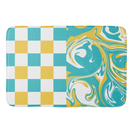 ターコイズ、黄色、白のチェックと渦巻き バスマット (正面)