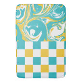 ターコイズ、黄色、白のチェックと渦巻き バスマット (正面縦)