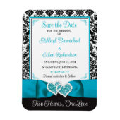 ターコイズ、黒い愛のハート結婚式の日付を保存 マグネット (縦)