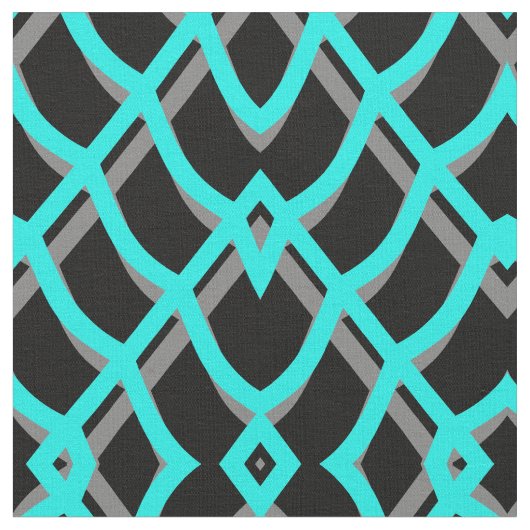 ターコイズ、黒およびグレーの幾何学的 ファブリック (クローズアップ)