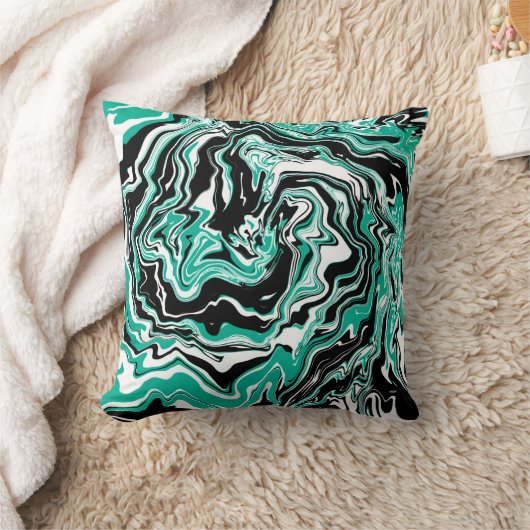 ターコイズ、黒と白の渦巻き大理石 クッション (ブランケット)