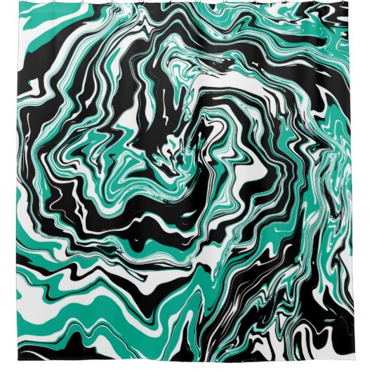 ターコイズ、黒と白の渦巻き大理石 シャワーカーテン (正面)