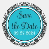 ターコイズ、黒、白のダマスクの結婚式 ラウンドシール (正面)