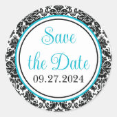 ターコイズ、黒、白のダマスクの結婚式 ラウンドシール (正面)