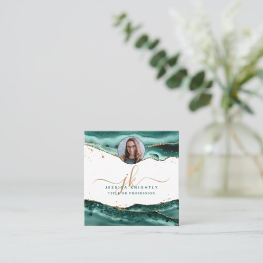 ターコイズAgateスクリプトモノグラム写真 スクエア名刺 (スタンド正面)