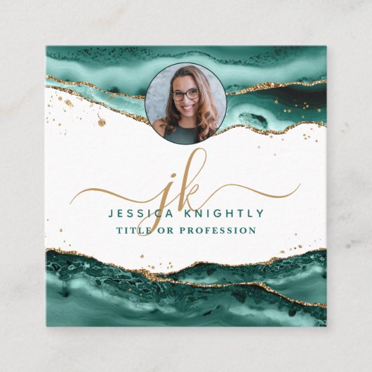 ターコイズAgateスクリプトモノグラム写真 スクエア名刺 (正面)