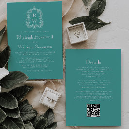ターコイズQRコード付きモノグラムクラウン ウェディング 招待状