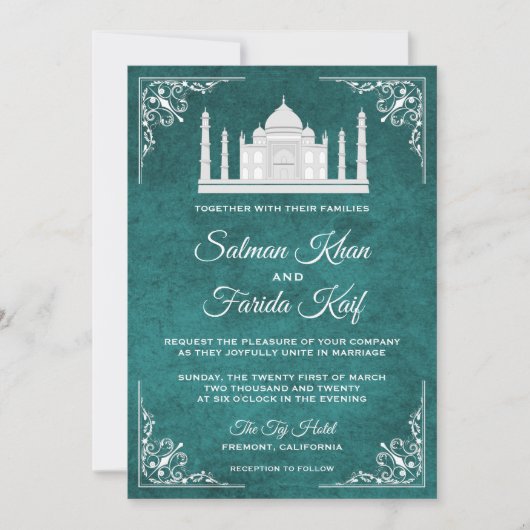 タージマハエレガントルティール（緑がかった色）アラビア結婚式招待状 招待状 (正面)