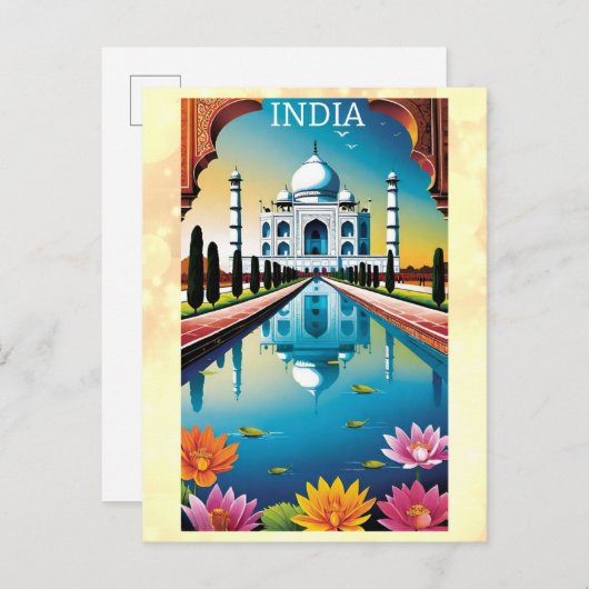 タージマハルアグラインディアウォーターカラーロータスフローラ ポストカード (正面/裏面)