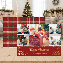 タータンゴールド箔クリスマスの家族写真コラージュ 箔シーズンカード