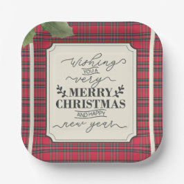 タータンチェックとクリスマスのお祝い 名前入り ペーパープレート